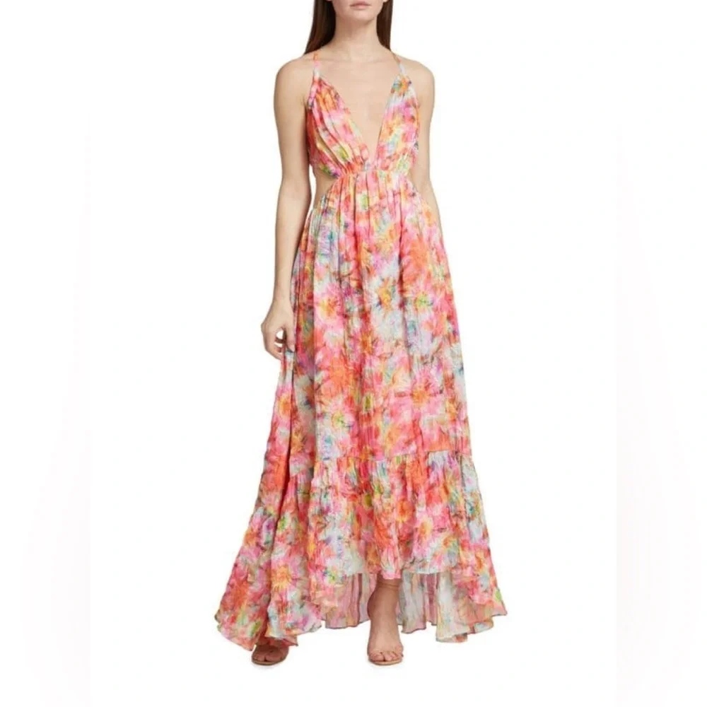 Ramy Brook Wilson Cutout Maxi Dress in Guava Sunburst Size 4 - Picture 8 of 9